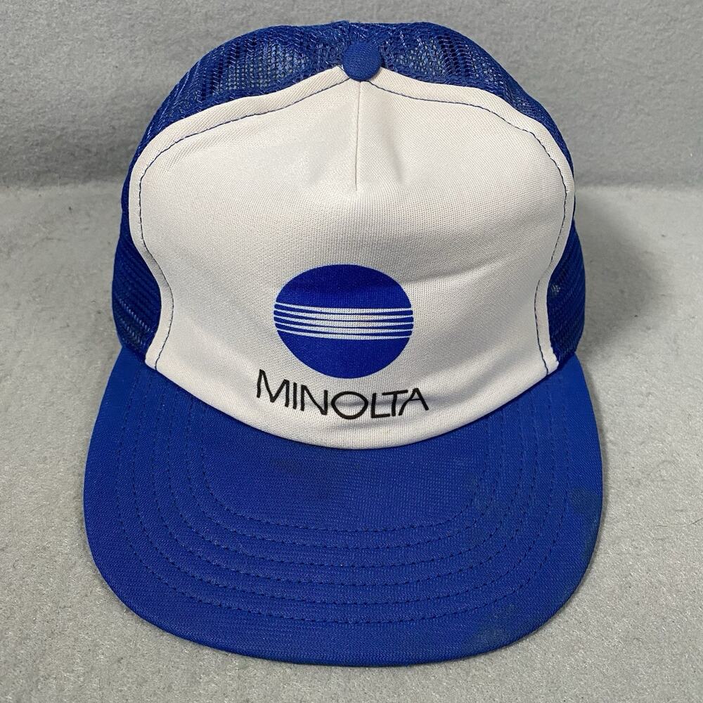 Vintage Minolta Camera Trucker Snapback Cap Hat Pro Fit USA Made Blue White